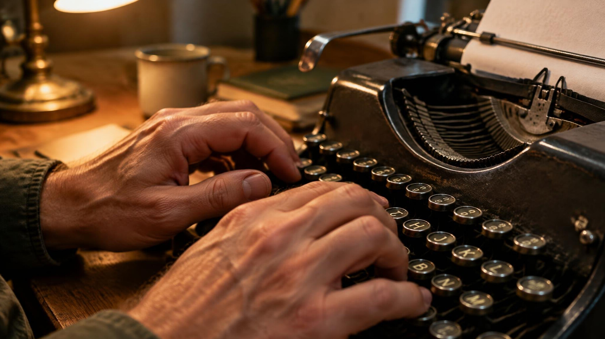 Close-up of hands of a Caucasian man typing on an old typewriter