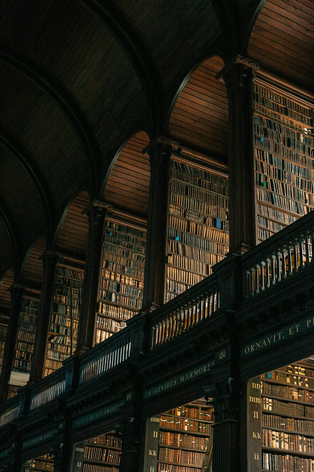 Tall wooden library shelves filled with old books